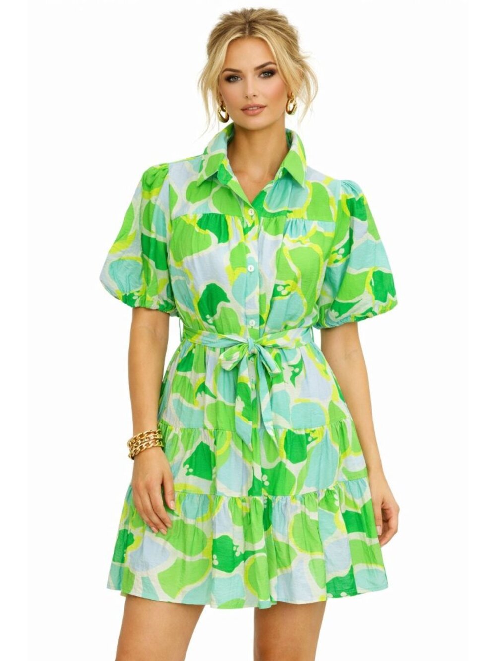 NWT Hudson Gray Green White Puff Sleeve Tiered Flowy Summer Dress Belt Womens S